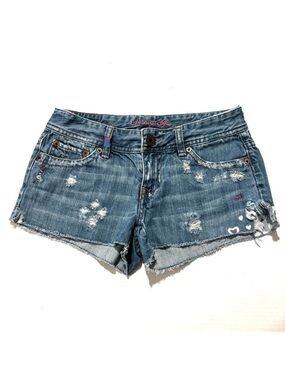 American Eagle Y2K Jean Mini Shorts Boho‎ Low Rise Embroidered Distressed Size 0